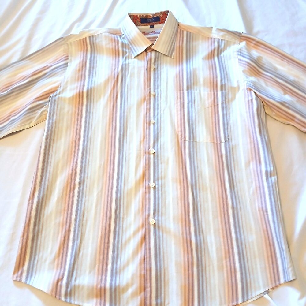 Alan Flusser Shirt Large Colorful Striped Flip Cuff Casual Button Up Long Sleeve